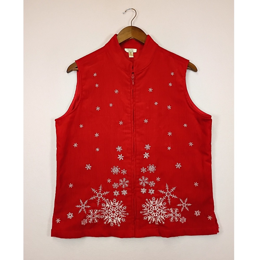 Festive Holiday Baxter & Wells Womens Medium Red Corduroy Snowflake Zip Vest